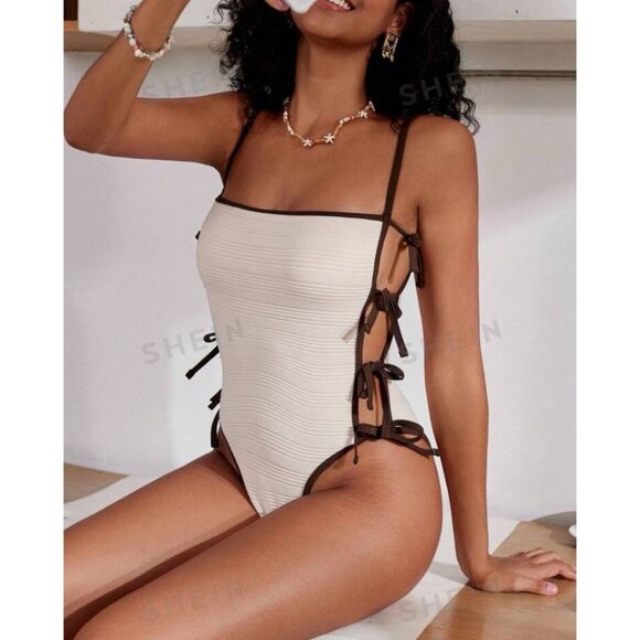 ๐ 2 for $15 ๐ New SHEIN Beige and Brown One-Piece Swimsuit - Picture 1 of 8